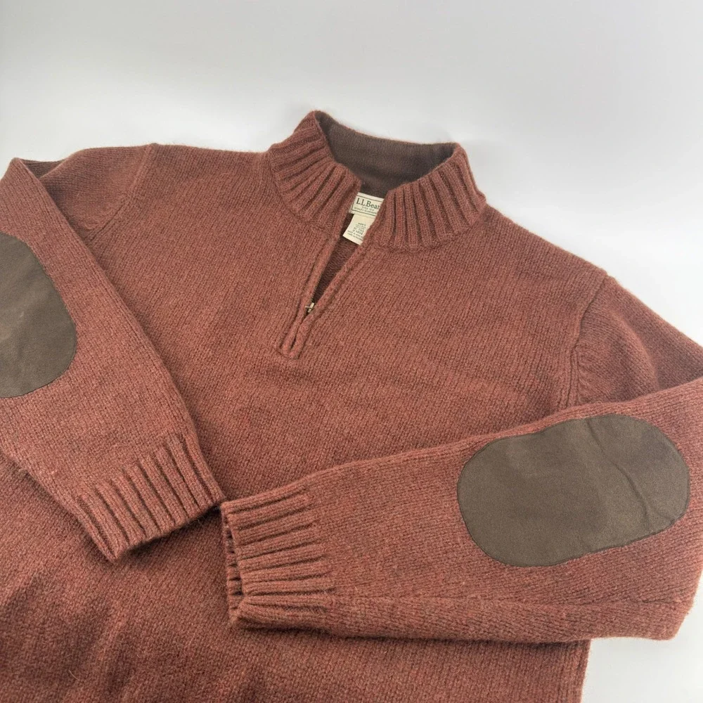 LL Bean Mens XL Tall Shetland Wool Quarter Zip Sweater Rust Brown Elbow Patches